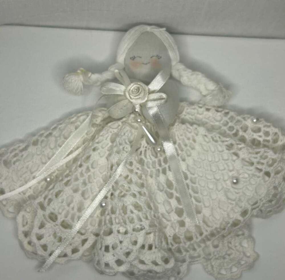 Vintage Handmade Crochet Lace Angel Doll White Dress With Pearl Accents